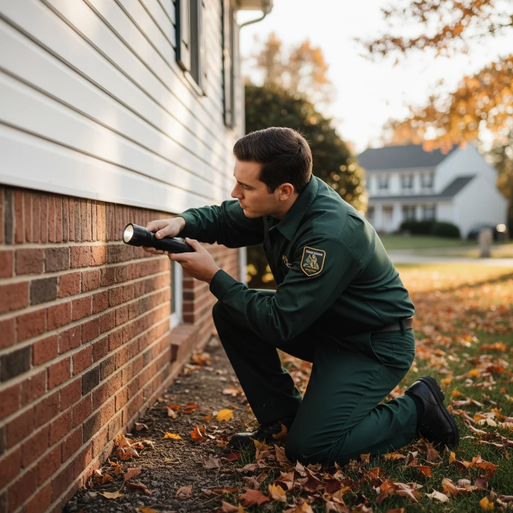 Pest control technician treating a home