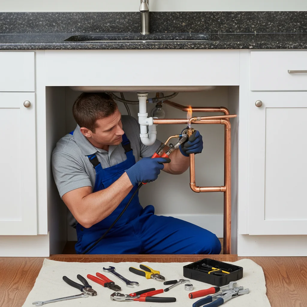 Professional plumber working on residential pipes