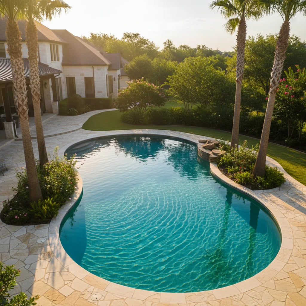 Pool service technician cleaning a backyard pool