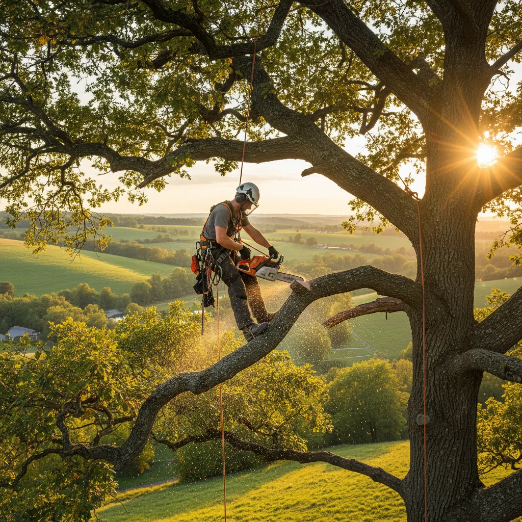 Tree service crew trimming large trees